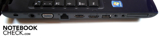 Links: Kensington Lock, DC-in, VGA, LAN, HDMI, eSATA/USB 2.0, USB 2.0, 2 audiopoorten, 34mm ExpressCard
