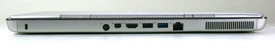Achterzijde: Kensington Lock, voeding, mini-DisplayPort, HDMI, USB 2.0, USB 3.0, LAN