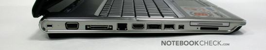 Linkerkant: Express Card 45, Cardreader (SD, MS (Pro), MMC, xD), FireWire 400, USB, eSata (met geïntegreerde USB), HDMI, Gigabit LAN, Dockingpoort, VGA
