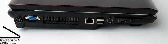 Linkerzijde: Power Connector, VGA, Ventilator, LAN, 2 x USB 2.0, S-Video, HDMI, Firewire, ExpressCard
