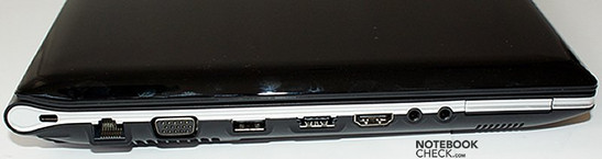 Linkerkant: Kensington slot, LAN, VGA, USB, USB/eSATA, HDMI, audio poorten, ExpressCard/34