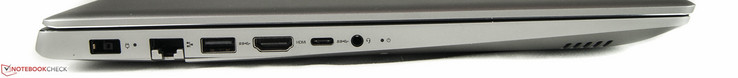 Linkerkant: Stroomaansluiting, RJ45 Ethernet, 1 x USB 3.0 Type-A, HDMI, USB 3.0 Type-C, 3.5 mm audiopoort, status LED