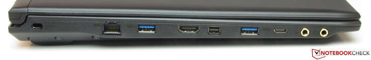 Linkerkant: Kensington lock slot, Gigabit-Ethernet, USB 3.0 (Type A), HDMI, mini-Displayport, USB 3.0 (Type A), USB 3.1 Gen1 (Type C), microfoon-in, koptelefoon-uit