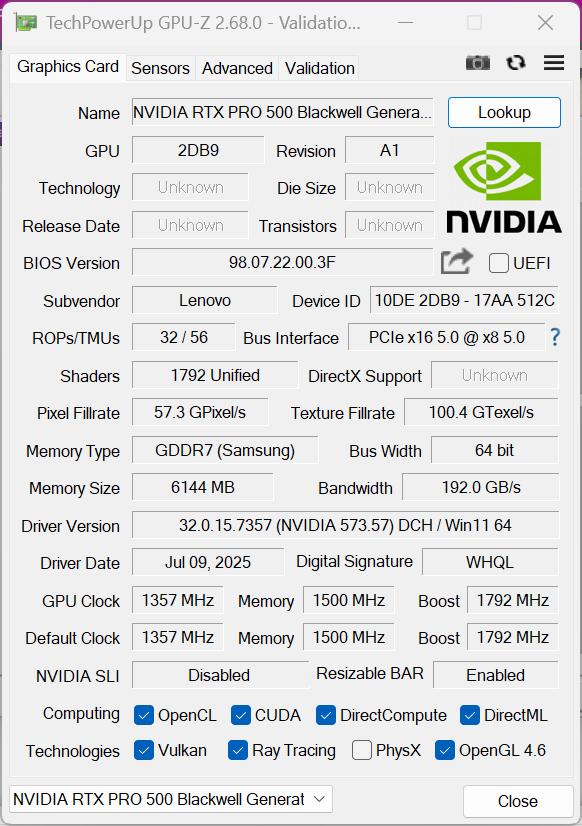 GPU-Z Nvidia RTX Pro 500 Blackwell-generatie