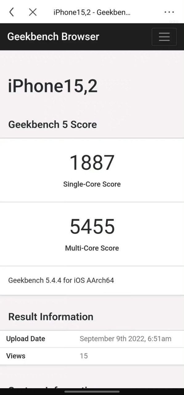 Apple A16 Bionic Geekbench score (afbeelding via ShrimpApplePro)