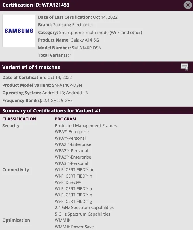 De Galaxy A14 5G slaat een aantal lekstadia over en gaat direct over tot een officiële certificering. (Bron: Wi-Fi Alliance)