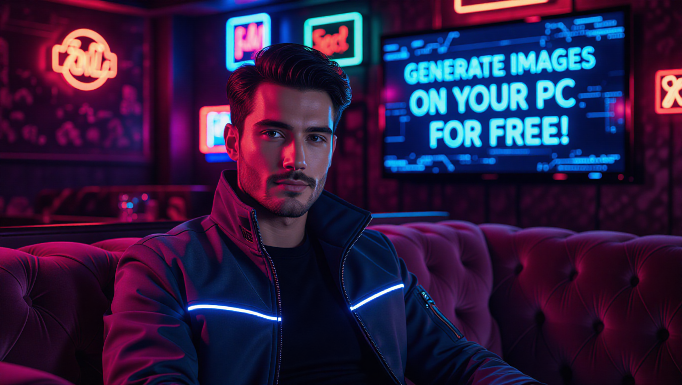 AI-gegenereerde afbeelding van een man in een neonverlicht cyberpunk-jasje, zittend op een bank in een stijlvolle club. Op een tv achter hem staat: "GENEREER GRATIS AFBEELDINGEN OP UW PC." (Afbeelding Bron: AI Generated)