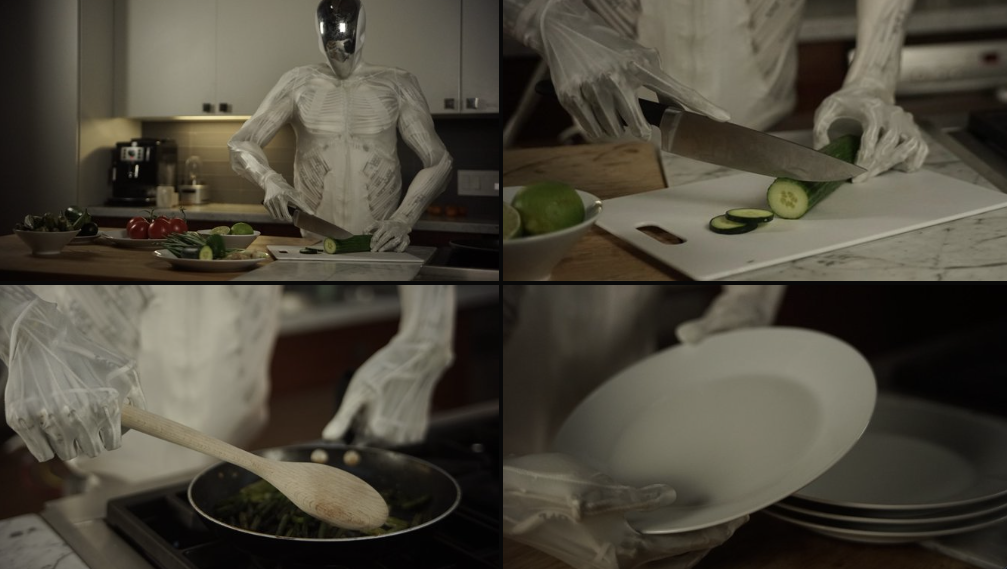 Foto's van de tweede torso van de Protoclone, met een bediende buik die hem onderscheidt van zijn voorganger en die zijn mensachtige potentieel in de keuken laat zien. (Afbeelding Bron: Clone Robotics)