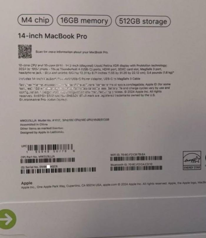 De uitgelekte afbeelding van de doos van de M4 MacBook Pro geeft een hoger basisgeheugen aan. (Afbeelding bron: ShrimpApplePro via Twitter)