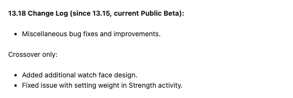 De release notes voor bètaversie 13.18 voor de Instinct 3, Instinct E en Instinct Crossover smartwatches. (Afbeeldingsbron: Screenshot van bericht op Garmin Forum)