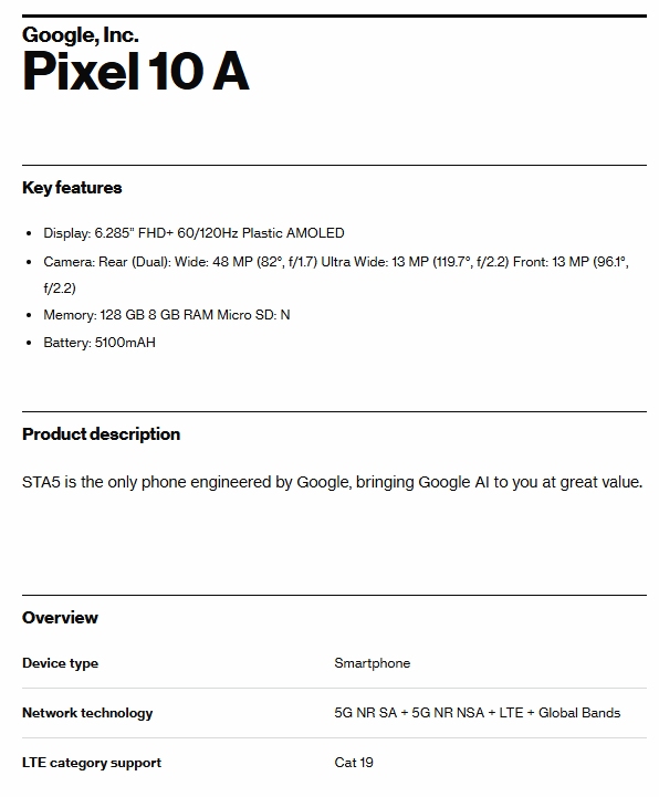 Vermeende Google Pixel 10a certificering op Verizon (Afbeeldingsbron: Evan Blass)