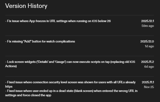 De recente versiegeschiedenis voor de iOS-app Home Assistant. (Afbeeldingsbron: screenshot van Apple App Store)