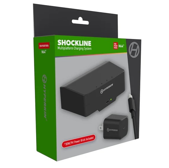 De ShockLine-set voor de Nintendo 64 wordt geleverd met een omvormer die in de voedingsaansluiting van de console wordt gestoken.