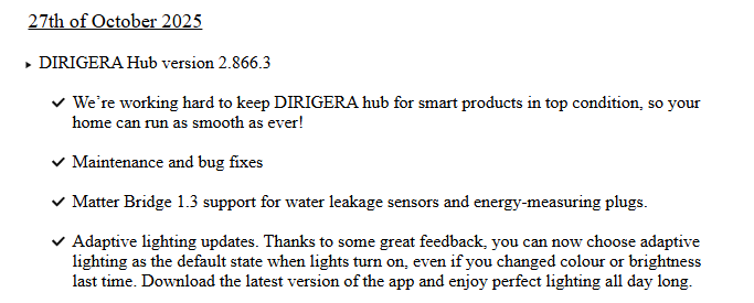 De release notes voor IKEA Dirigera Hub versie 2.866.3. (Afbeelding bron: IKEA)