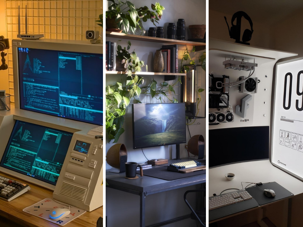 Op r/battlestations kunt u retro-futuristische bouwwerken vinden die er alleen maar goed uitzien, maar ook functionele opstellingen met veel rekenkracht. Afgebeeld - drie verschillende opstellingen van de subreddit. (Afbeeldingsbron: r/battlestations - Bewerkt)