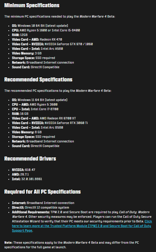 Een schermafbeelding van de hardware- en softwarevereisten voor Call of Duty Modern Warfare 4, zoals gepubliceerd door Activision