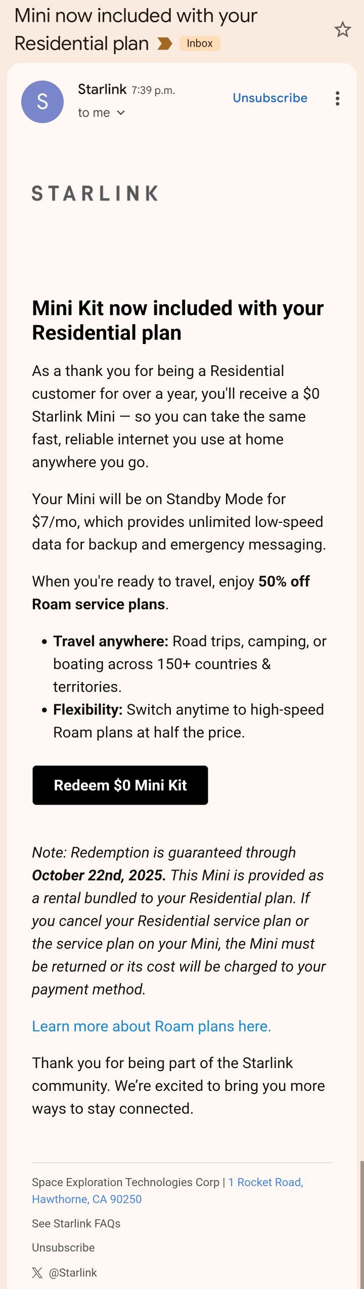 SpaceX stuurt een verrassingsmail naar een aantal oude Residential-klanten en biedt hen een gratis Mini-kit aan. (Afbeeldingsbron: Mathew Manuel Santos op Facebook)
