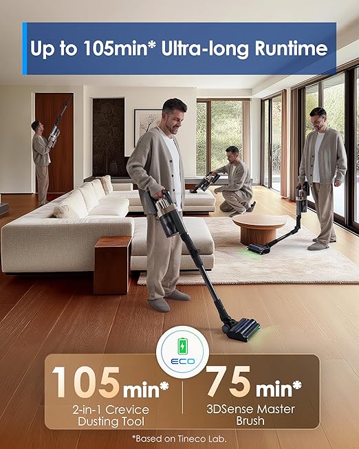 De Tineco Pure One A90S snoerloze stofzuiger heeft een werktijd tot 105 minuten in de eco-modus (Afbeelding bron: Tineco)