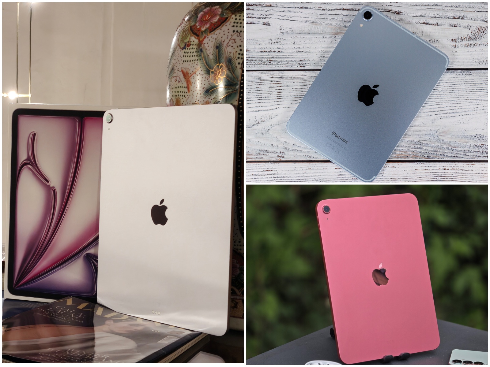 Een collage met drie afbeeldingen van een zilveren iPad met doos, een blauwe iPad mini op een houten oppervlak en een roze iPad buiten. (bron: Notebookcheck)
