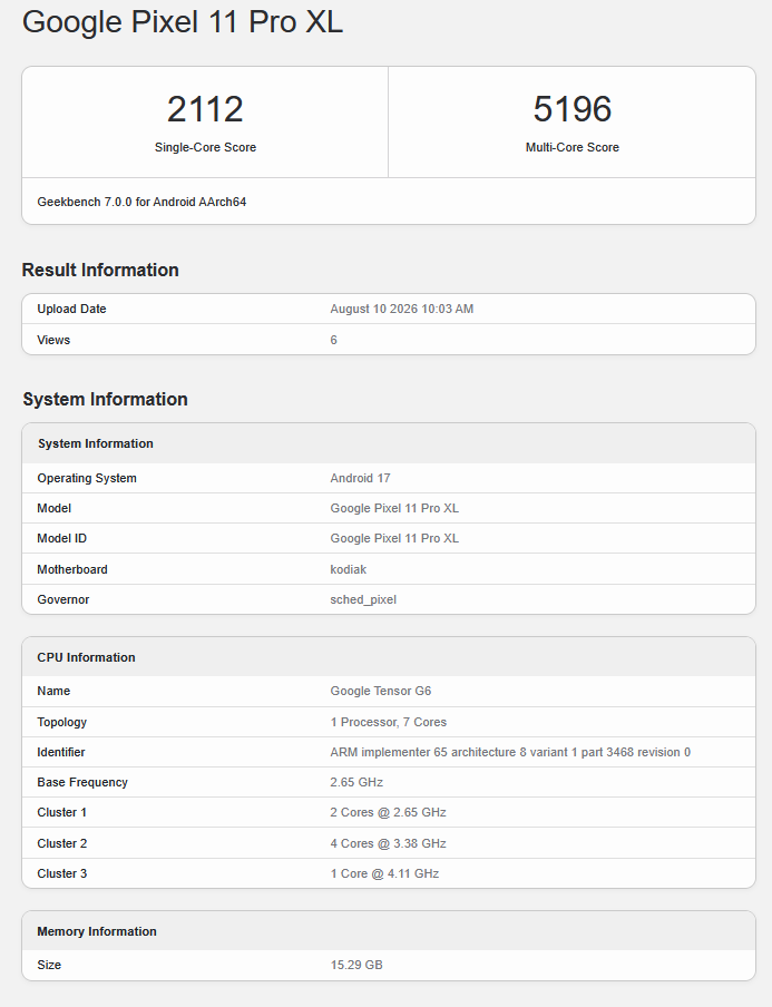 Google Tensor G6 in de Geekbench-lijst