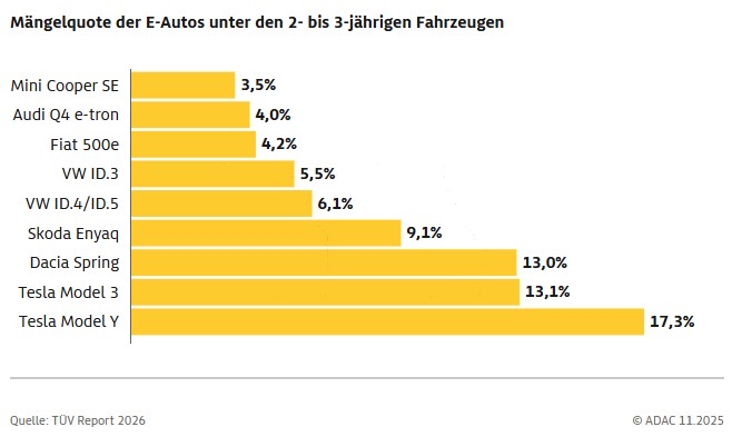 De inspectiefoutenranglijst van elektrische voertuigen. (Afbeeldingsbron: ADAC)