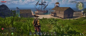 Afgebeeld: Een basis in Windrose. Het piratenschip ligt voor anker.