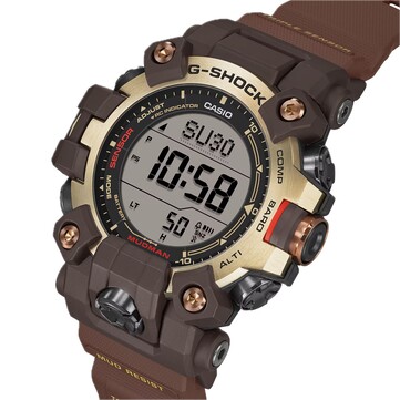 Schuine opname van de G-Shock Mudman GW-9500MH-5, waarop het duplex-LCD-scherm en het lichtgele en bruine kleurenschema te zien zijn.