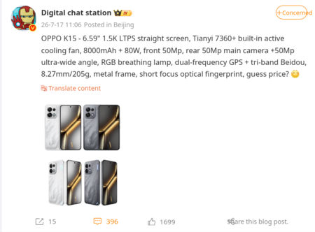 De specificaties van de Oppo K15 en twee kleurvarianten zijn vermeld in een Weibo-bericht van DCS (automatisch vertaald)