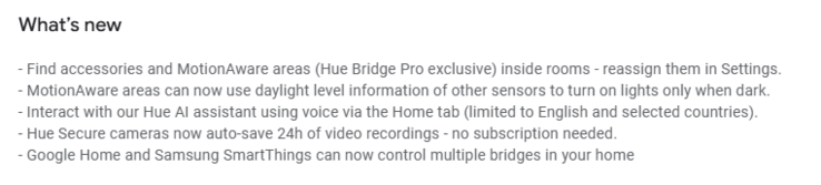 De release notes voor Philips Hue app versie 5.54. (Afbeeldingsbron: Google Play Store)