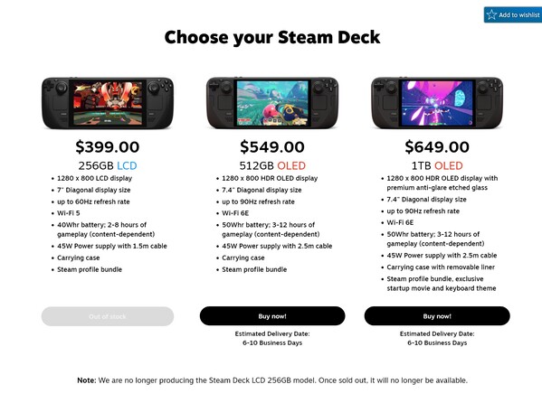 Steam Deck LCD uitverkocht in de winkel van Valve (Afbeelding bron: screenshot, Valve)