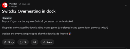 Switch 2 dock oververhitting Reddit post (Afbeelding bron: screenshot, Switch subreddit)