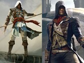 Edward Kenway uit Assassin's Creed Black Flag en Arno Dorian uit Assassin's Creed Unity naast elkaar afgebeeld.