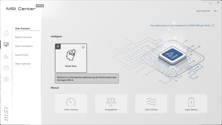 De MSI Z16P gebruikt voor het grootste deel een redelijke prestatie modus wanneer deze is ingesteld op "Smart Auto".