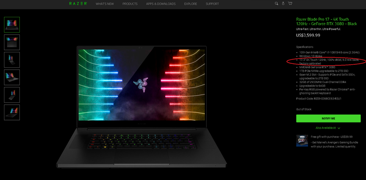 Razer zegt dat de specificatie op de productpagina "100% AdobeRGB" moet zijn in plaats van "100% sRGB" voor de 120 Hz 4K-configuratie. Deze fout kan op een later tijdstip worden hersteld