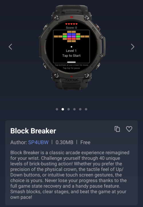 De Block Breaker Mini-app voor Amazfit smartwatches