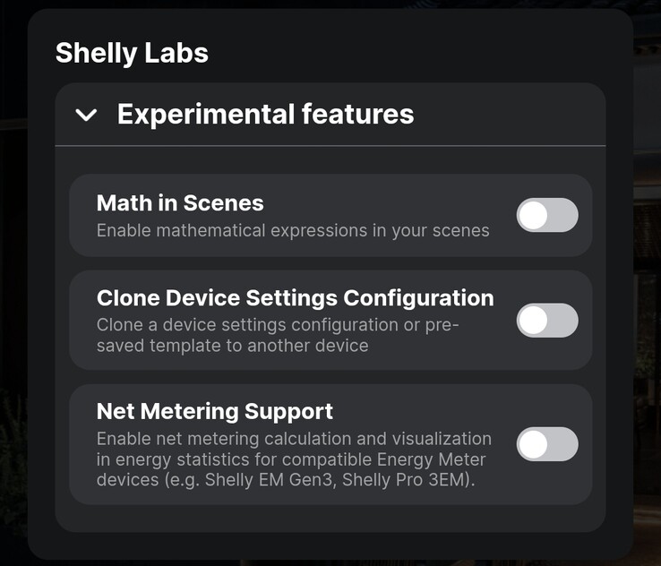 De nieuwe 'experimentele' functies voor de Shelly Smart Control app. (Afbeeldingsbron: Shelly app)
