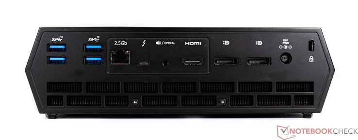 Achterkant: 4x USB Type-A, 2,5G LAN, 1x USB Type-C, Toslink, HDMI (4K60), 2x DisplayPort 1.4, stroomaansluiting, Kensington-slot