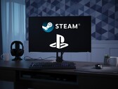 Steam- en PlayStation-logo's op pc-monitor