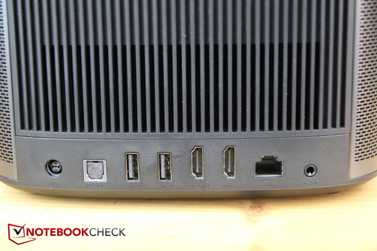 Achterkant: Voeding, 2x USB-A 2.0, HDMI1 met ARC, HDMI2, LAN, audio-aansluiting