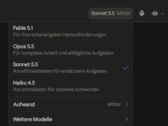 Schermafbeelding van de modelkiezer van Claude.ai, met Sonnet 5.5 geselecteerd