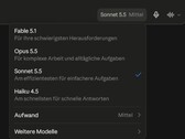 Schermafbeelding van de modelkiezer van Claude.ai, met Sonnet 5.5 geselecteerd