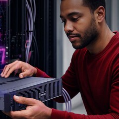 Een persoon die een Lenovo-serverrack op zijn plaats zet.