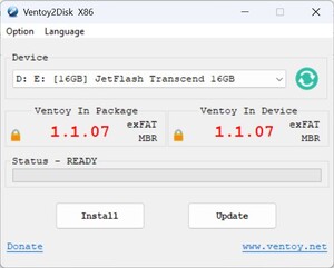 Start Ventoy - kies stick - installeren