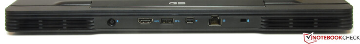 Achterkant: stroomaansluiting, HDMI, USB 3.2 Gen 1 (Type-A), Mini DisplayPort, Gigabit Ethernet, opening voor een slot