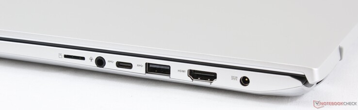 Rechts: MicroSD-lezer, 3.5 mm combo, USB Type-C Gen. 1, USB 3.0, HDMI, AC-voeding