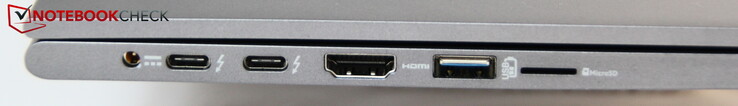 Linkerkant: stroomaansluiting, 2x USB-C, HDMI, USB-A, microSD