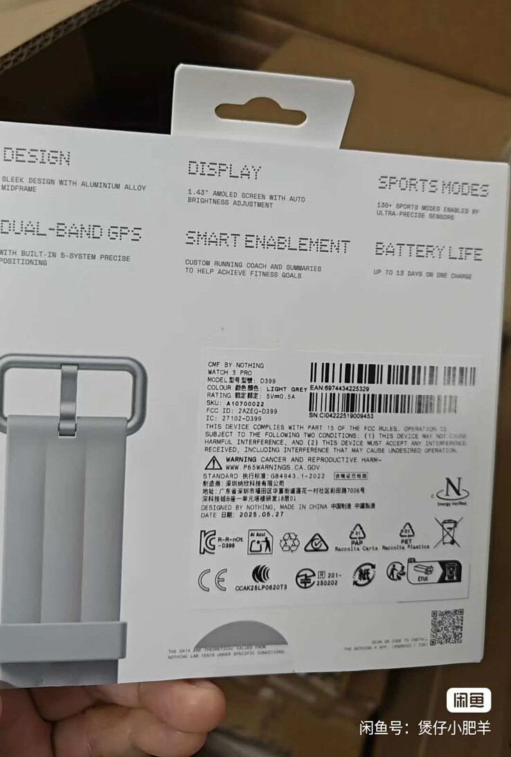 Enkele specificaties van de nieuwe smartwatch van Nothing staan op de achterkant van de verkoopverpakking (Afbeeldingsbron: Reddit, via Chinese Smartwatches)