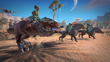Een afbeelding waarop Amazones en dinosaurussen te zien zijn in Age of Wonders: Planetfall.