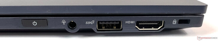 Aansluitingen aan de rechterkant: 1x 3,5 mm jack (Mic-In / Audio-Out gecombineerd), 1x USB 3.2 Gen-2 (10GBit/s), 1x HDMI 2.0b, 1x Kensington