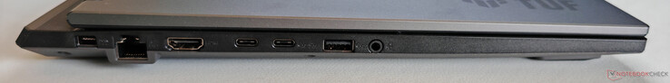 Links: voedingseenheid, Gigabit Ethernet, HDMI 2.1 FRL, USB-C 3.2 Gen2 (10 Gbps, DisplayPort 2.1-out), USB-C 3.2 Gen.2 (10 Gbps, DisplayPort 2.1-out, G-Sync, Power Delivery 3.0), USB-A 3.2 Gen2 (10 Gbps), 3,5 mm audio-aansluiting